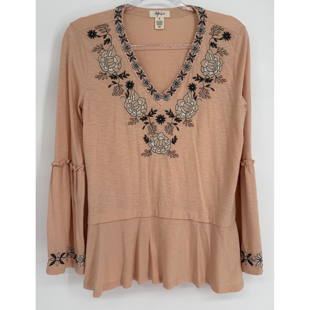 Style & Co Womens Peach Embroidered Boho V-Neck Bell Sleeve Peplum Top Sz M